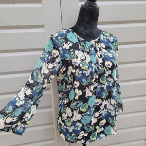 Women's Fun2Fun Colorful Floral Pleated Relaxed Flowy Tunic Blouse Green Blue S